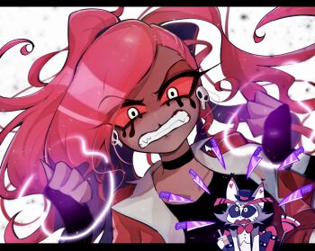 1boy 1girl animal_ears black_choker black_sclera cat_boy cat_ears choker clenched_teeth coat colored_sclera dress fang furry furry_male hair_ornament hat hazbin_hotel hellaverse highres husk_(hazbin_hotel) jacket knife long_hair minekopoison red_jacket red_sclera skull_hair_ornament solo teeth top_hat twintails velvette_(hazbin_hotel) white_fur