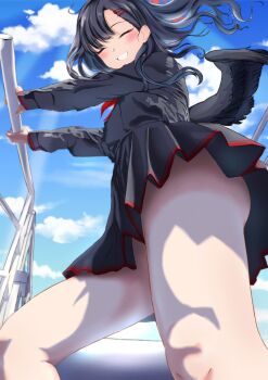1girl black_hair black_serafuku black_shirt black_skirt black_wings blue_archive blue_sky closed_eyes cloud feathered_wings from_below gekiamakurepu hair_ornament hairclip halo handrail highres ichika_(blue_archive) long_hair long_sleeves looking_at_viewer low_wings neckerchief outdoors pleated_skirt red_halo red_neckerchief school_uniform serafuku shirt skirt sky smile solo standing thick_thighs thighs wings