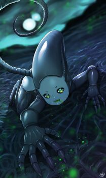 1girl absurdres alien alien_(series) all_fours ass barefoot black_sclera black_skin blue_skin born-to-die claws cloud colored_sclera colored_skin crawling drooling full_moon green_eyes highres loli looking_at_viewer monster_girl moon night night_sky open_mouth sharp_teeth sky slit_pupils smile tail teeth xenomorph