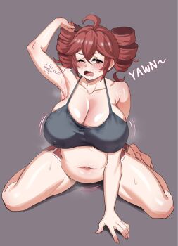 Rule 34 | 1girl, ;o, ahoge, arm support, black bra, blush, bra, breasts, cleavage, commentary, drill hair, english commentary, fat, fat woman, full body, grey background, highres, huge breasts, kasane teto, medium hair, navel, one eye closed, open mouth, red eyes, red hair, red shorts, short shorts, shorts, simple background, sitting, solo, twin drills, underwear, utau, yawning, ytrall