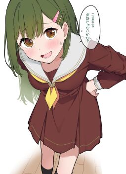 1girl black_socks blush breasts brown_dress brown_eyes commentary_request dress feet_out_of_frame green_hair hair_ornament hairclip hand_on_own_hip hasu_no_sora_school_uniform highres kneehighs leaning_forward link!_like!_love_live! liz_(piyoko_piyop) long_hair long_sleeves looking_at_viewer love_live! medium_breasts medium_dress neckerchief ogami_sachi parallel_hairclips pleated_dress raised_inner_eyebrows sailor_collar sailor_dress school_uniform simple_background socks solo standing sweatdrop translation_request white_background white_sailor_collar winter_uniform wooden_floor yellow_neckerchief