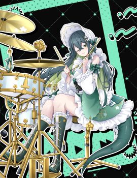 1girl ;&gt; absurdres apron bare_shoulders black_background black_corset blush bonnet boots collar colored_inner_hair corset crossed_bangs detached_sleeves drum drum_set drumsticks floral_print floral_print_kimono flower-shaped_pupils flower_hairpin frilled_bonnet frilled_collar frilled_skirt frilled_socks frilled_thigh_strap frills from_side full_body green_boots green_eyes green_hair green_kimono green_ribbon green_tail grid_background hair_ribbon highres holding holding_drumsticks instrument japanese_clothes kimono kimono_skirt knee_boots kneehighs lace-up_boots lizard_tail long_hair long_sleeves maid_apron multicolored_hair neck_ribbon nijisanji obiage obijime on_stool piyopiyomaru_(piyo8823) print_kimono ribbon sitting skirt socks solo symbol-shaped_pupils tail tail_under_clothes tassel thigh_strap togawa_nonoha virtual_youtuber waist_apron white_bonnet white_sleeves