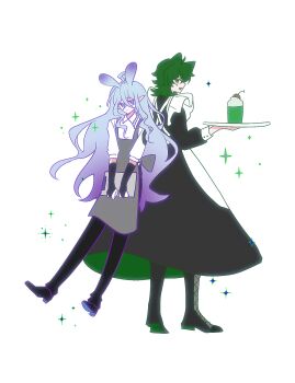 2boys :3 :d ahoge androgynous animal_ears apron back-to-back black_boots black_bridal_gauntlets black_dress black_pants black_shoes blue_eyes blue_hair boots bridal_gauntlets brown_eyes cat_boy cat_ears cheek_tattoo cherry chinese_commentary clipboard closed_mouth collared_shirt commentary_request crossdressing crossdressing_(mtf) crossed_bangs cup double-parted_bangs dress expressionless extra_ears food fruit full_body gatling_pea_(plants_vs._zombies) green_hair grey_apron hair_between_eyes hand_up highres holding holding_clipboard holding_tray kemonomimi_mode lace-up_boots long_dress long_hair long_sleeves looking_back maid_apron male_focus medium_hair milkshake multicolored_hair multiple_boys open_mouth pants personification plants_vs._zombies plants_vs._zombies_2 pointy_ears profile puffy_long_sleeves puffy_sleeves purple_hair rabbit_boy rabbit_ears shadow_peashooter_(plants_vs._zombies) shirt shoes sidelocks sideways_glance siiiiiiiiiii simple_background smile sparkle standing tattoo three-quarter_sleeves tray two-tone_hair v_arms very_long_hair wavy_hair white_apron white_background white_shirt