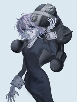 1girl alternate_eye_color alternate_skin_color arm_up black_blood black_liquid blood blue_eyes breasts clenched_teeth colored_skin cowboy_shot crona_(soul_eater) cuff_links curvy genderswap genderswap_(otf) ggo_ggi grey_background highres korean_commentary lips liquid lower_eyelashes_only messy_hair pale_skin pink_hair ragnarok_(soul_eater) short_hair sleeve_cuffs soul_eater teeth white_skin wide_hips