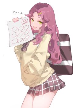 1girl absurdres aisha_greyrat bag black_bag black_bow black_skirt bow commentary_request green_eyes hand_in_pocket highres holding holding_bag holding_paper long_hair looking_at_viewer mushoku_tensei open_mouth paper plaid_clothes plaid_skirt purple_hair ronuma shirt skirt solo sweater white_shirt yellow_sweater