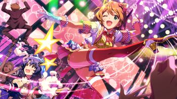 2girls :d baba_konomi breasts brown_hair commentary_request from_below game_cg gloves green_eyes heart high_heels idolmaster idolmaster_million_live! idolmaster_million_live!_theater_days jacket kicking lapels leg_up looking_at_viewer multiple_girls notched_lapels official_art one_eye_closed open_clothes open_jacket open_mouth red_thighhighs screen short_sleeves smile stage standing thighhighs third-party_source toyokawa_fuka two_side_up white_gloves white_jacket