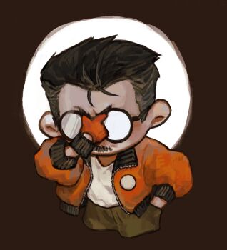 1boy black_hair bomber_jacket chibi chibi_only circle cowboy_shot disco_elysium empty_eyes facial_hair furrowed_brow glasses gloves hand_in_pocket hashtag-only_commentary jacket kim_kitsuragi kozmoraven1610 male_focus mustache orange_gloves orange_jacket rubbing_nose shirt short_hair sideburns solo white_shirt
