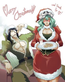 1boy 1girl belt bleach breasts christmas cigarette closed_mouth collarbone cookie couch english_text espada eyepatch facial_mark food fur_trim green_hair hat highres holding holding_cigarette holding_plate hollow_mask large_breasts lips long_hair mask mask_on_head merry_christmas milk nelliel_tu_odelschwanck nnoitra_gilga plate santa_hat simple_background sitting skull_on_head smile smoking veeepawoon white_background