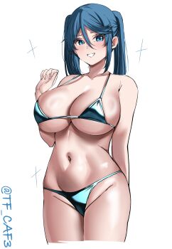1girl absurdres alternate_costume bikini blue_bikini blue_eyes blue_hair blush breasts cowboy_shot hair_between_eyes hair_ribbon highres isuzu_(kancolle) kantai_collection large_breasts long_hair looking_at_viewer one-hour_drawing_challenge ribbon shiny_swimsuit simple_background smile solo sparkle swimsuit tf_cafe twintails twitter_username white_background