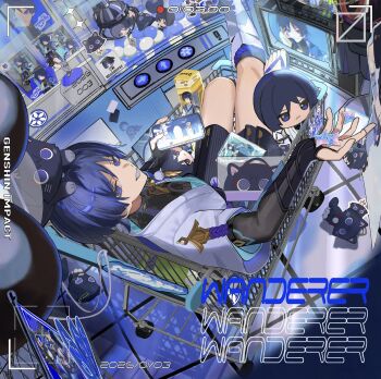 1boy absurdres blue_eyes blue_hair crane_game figure genshin_impact highres holding holding_phone in_shopping_cart looking_at_viewer phone primogem rtms scaramouche_(genshin_impact) shopping_cart sitting smile solo stuffed_toy teeth television wanderer_(genshin_impact)
