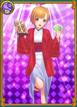 1girl ama_mitsuki barefoot food holding holding_food japanese_clothes kimono orange_eyes orange_hair purple_sash sandals sash short_hair sister_claire_(uchihime) uchi_no_hime-sama_ga_ichiban_kawaii white_kimono yukata zouri