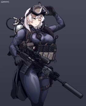 1girl absurdres angled_foregrip black_gloves breasts canted_sights chest_rig closed_mouth diving_suit epakim frogman gloves goggles goggles_on_head grey_background gun handgun highres holding holding_weapon holster holstered large_breasts laser_sight long_hair magazine_(weapon) one_eye_closed original oxygen_tank pouch scope snorkel solo sr-25 suppressor thigh_holster trigger_discipline weapon white_eyes white_hair