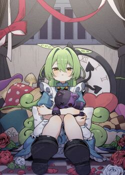 1girl alternate_hairstyle animal_ears apron black_bow black_shoes blue_dress blush bow checkerboard_cookie closed_mouth commentary_request cookie corn_kuten dress edamame flower food frilled_apron frilled_dress frills full_body green_hair hair_between_eyes hair_bow hair_intakes holding holding_stuffed_toy long_hair looking_at_viewer mushroom petals pocket_watch red_flower red_rose rose shoes short_sleeves sitting solo stuffed_animal stuffed_cat stuffed_toy voicevox watch white_apron white_flower white_rose yellow_eyes zundamon