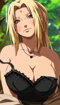 1girl bare_shoulders black_bra blonde_hair blush bra breasts brown_eyes huge_breasts large_breasts lingerie lips long_hair looking_at_viewer naruto_(series) non-web_source plunging_neckline strap_slip tsunade_(naruto) underwear upper_body