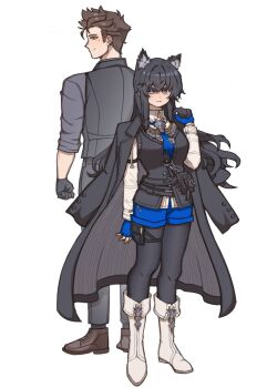 1boy 1girl animal_ear_fluff animal_ears arknights artist_self-insert back-to-back black_coat black_gloves black_hair black_pantyhose black_vest blue_eyes blue_gloves blue_shorts bolo_tie boots bright_pupils brown_eyes brown_hair brown_shoes bssuuu closed_mouth coat coat_on_shoulders collared_shirt commission dress_shoes ear_piercing earrings fingerless_gloves full_body gloves hair_between_eyes highres jewelry knee_boots long_hair long_sleeves looking_at_viewer mole mole_under_eye multicolored_eyes official_alternate_costume pantyhose piercing pouch profile second-party_source shirt shoes short_hair short_shorts shorts sidelocks simple_background smile standing texas_(arknights) texas_the_omertosa_(arknights) thigh_pouch two-tone_eyes vest white_background white_boots white_pupils white_shirt wolf_ears wolf_girl yellow_eyes yowan_(yosua_0669)