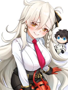 1girl absurdres black_ribbon blush braid breasts brown_eyes character_doll commentary doll fate/grand_order fate_(series) fujimaru_ritsuka_(male) fujimaru_ritsuka_(male)_(decisive_battle_chaldea_uniform) gloves grin hair_between_eyes hair_ribbon highres large_breasts long_hair long_sleeves looking_at_viewer necktie olga_marie_animusphere olga_marie_animusphere_(unbeast) orange_gloves orange_pantyhose pantyhose red_necktie ribbon sitting smile solo umirunie very_long_hair white_background