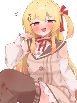 1girl absurdres blush bow brown_dress brown_thighhighs dress fortissimo hair_bow hair_ornament highres hololive hololive_dev_is jacket looking_at_viewer musical_note musical_note_hair_ornament one_side_up open_mouth otonose_kanade otonose_kanade_(1st_costume) red_bow red_eyes smile solo tepenchi thighhighs virtual_youtuber white_background white_jacket