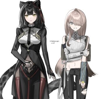 2girls absurdres animal_ears arm_under_breasts asymmetrical_sleeves black_dress black_hair black_necktie black_pants blonde_hair bow breasts brown_hair clenched_teeth closed_mouth covered_navel cowboy_shot detached_sleeves dress ear_ribbon embarrassed gawako green_eyes grey_eyes hair_over_one_eye highres leopard_ears leopard_tail long_hair long_sleeves looking_at_viewer medium_breasts medium_hair midriff multiple_girls navel necktie original pants partially_unzipped red_thighhighs ringed_eyes shirt signature sleeveless sleeveless_shirt straight_hair sweatdrop tail teeth thighhighs torn_clothes white_background white_shirt yellow_eyes