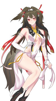 1girl :3 absurdres armlet bare_shoulders blush bracelet breasts brown_tail china_dress chinese_clothes closed_mouth clover clover_hair_ornament commentary covered_navel dress droopy_ears english_commentary hair_ornament hairband highres jewelry leg_tattoo long_hair looking_at_viewer medium_breasts metal_bracelet red_eyes scrapy_(greenyscrapy) see-through_clothes silver_armlet silver_bracelet simple_background solo tail tattoo thighs twitter_username very_long_hair white_background white_dress white_hairband ye_shunguang zenless_zone_zero