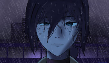 black_choker building chainsaw_man choker dirty dirty_face green_eyes hair_between_eyes highres long_hair_between_eyes nameless_arsenal night outdoors rain reze_(chainsaw_man) wet wet_hair