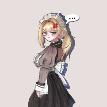 Rule 34 | ..., 1girl, anger vein, annoyed, black dress, blonde hair, breasts, dress, from side, frown, girls' frontline, girls' frontline 2: exilium, green eyes, hair between eyes, hair ornament, hairclip, highres, long hair, looking at viewer, looking back, maid headdress, medium breasts, ponytail, sextans (girls' frontline 2), solo, y miho