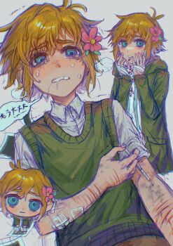 1boy @_@ antenna_hair bags_under_eyes bandaged_hand bandages basil_(faraway)_(omori) basil_(omori) blonde_hair blue_eyes blush chromatic_aberration clenched_teeth collared_shirt commentary crying crying_with_eyes_open flower from_below gauze gauze_on_arm green_jacket green_sweater_vest grey_background hair_flower hair_ornament hands_on_own_cheeks hands_on_own_face heavy_breathing highres holding holding_syringe hood hood_down hooded_jacket jacket leaf long_sleeves looking_at_viewer multiple_views omori open_clothes open_jacket photo_(object) pill pink_flower pocket procreate_(medium) raised_inner_eyebrows saliva self-harm shirt short_hair short_sleeves simple_background speech_bubble sweater_vest symbol-only_commentary syringe tears teeth translation_request trembling upper_body white_shirt xiaorourose