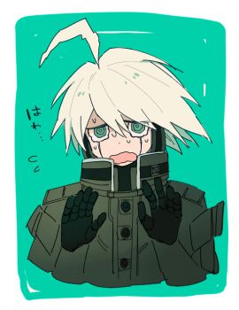 1boy 4_(nakajima4423) ahoge android apologizing aqua_background aqua_eyes border buttons cropped_torso danganronpa_(series) danganronpa_v3:_killing_harmony flying_sweatdrops frown hair_between_eyes hands_up k1-b0 male_focus nervous_sweating open_mouth short_hair simple_background solo sweat wavy_mouth white_border white_hair