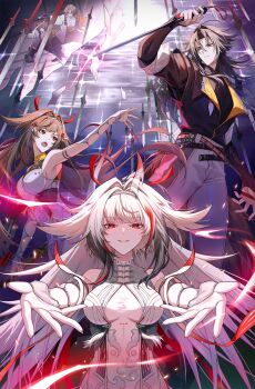 1boy 2girls alternate_form belt black_hair breasts brother_and_sister brown_hair china_dress chinese_clothes cloud_print commentary dress droopy_ears english_commentary facial_mark forehead_mark gradient_hair hair_ornament headband highres hinatsu horns horse_boy horse_girl jacket long_hair medium_breasts multicolored_hair multiple_girls multiple_swords pants parted_bangs partially_unzipped qingming_sword red_eyes ribbon second-party_source siblings single_horn smile sparkle tail tassel turtleneck very_long_hair white_hair ye_shiyuan ye_shunguang zenless_zone_zero