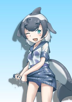 alternate_costume black_hair blowhole blue_bow blue_bowtie blue_eyes blue_one-piece_swimsuit blue_trim bow bowtie cetacean_tail commerson&#039;s_dolphin_(kemono_friends) cowboy_shot dolphin_girl dorsal_fin fins fish_tail hair_between_eyes head_fins highres kemono_friends miyu_uduki multicolored_hair one-piece_swimsuit one_eye_closed pleated_skirt sailor_collar school_uniform see-through_clothes serafuku shirt short_hair short_sleeves sidelocks skirt swimsuit swimsuit_under_clothes tail two-tone_hair white_hair white_shirt wringing_clothes wringing_skirt