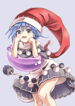 1girl :d arm_support black_dress blob blue_eyes blue_hair doremy_sweet dream_soul dress feet_out_of_frame grey_background houshiruri looking_at_viewer multicolored_dress nightgown open_mouth pom_pom_(clothes) red_headwear short_hair simple_background smile solo tail tapir_tail touhou white_dress