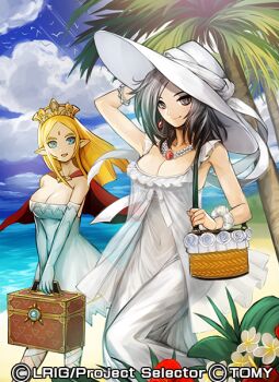2girls beach black_hair blue_sky breasts cleavage closed_mouth cloud copyright_notice dress flower hat jewelry large_breasts long_hair looking_at_viewer medium_hair moreshan multiple_girls necklace official_art open_mouth palm_tree pointy_ears sand sky smile tree water white_dress white_hat wixoss