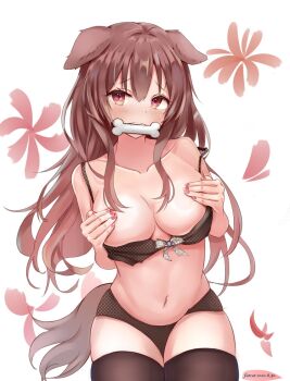 1girl animal_ears bone breasts brown_eyes brown_hair covering_breasts covering_privates dog_ears dog_girl dog_tail hololive inugami_korone large_breasts long_hair mouth_hold tail thighhighs virtual_youtuber