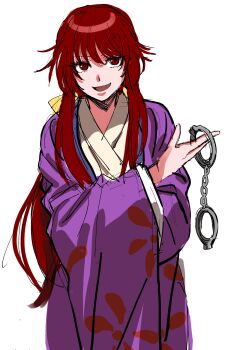 Rule 34 | 1girl, :d, absurdres, bow, commentary request, cowboy shot, cuffs, floral print, hair bow, handcuff dangle, handcuffs, highres, holding, holding handcuffs, japanese clothes, kimono, kotohime (touhou), kuya (hey36253625), long hair, long sleeves, looking at viewer, low ponytail, open mouth, ponytail, purple kimono, red eyes, red hair, sidelocks, simple background, smile, solo, touhou, touhou (pc-98), very long hair, white background, wide sleeves, yellow bow