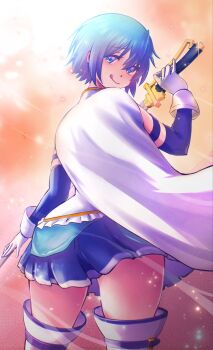 Rule 34 | 1girl, :p, absurdres, ass, blue eyes, blue hair, blue sleeves, cape, commentary request, cowboy shot, detached sleeves, from behind, gloves, highres, looking at viewer, magical girl, mahou shoujo madoka magica, mahou shoujo madoka magica (anime), medium hair, miki sayaka, miki sayaka (magical girl), pleated skirt, reiwanoshiro, saber (weapon), skirt, solo, sword, thighhighs, thighs, tongue, tongue out, weapon, white cape, white gloves, white thighhighs, wind, wind lift