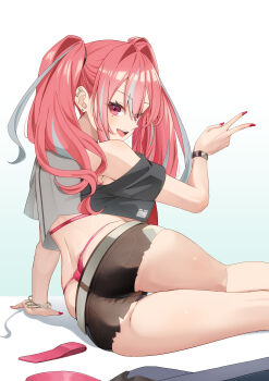 1girl absurdres arm_support azur_lane bare_shoulders black_shorts bracelet bremerton_(azur_lane) commentary_request crop_top ear_piercing fingernails gold_bracelet grey_streaks hair_between_eyes hair_intakes highres jewelry kento_(kentdrawing) looking_at_viewer lying mole mole_under_eye multicolored_hair nail_polish on_side piercing pink_hair pink_nails short_shorts shorts smile solo streaked_hair teeth thighs thong twintails upper_teeth_only v