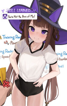1girl 1other absurdres anger_vein animal_ears black_buruma buruma closed_mouth commentary english_commentary english_text gym_shirt gym_uniform hat highres horse_ears horse_girl horse_tail purple_eyes shirt simple_background skai_kun smile solo solo_focus standing sweep_tosho_(umamusume) tail umamusume white_background white_hat white_shirt witch_hat