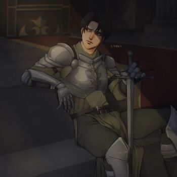 1boy alternate_costume armor black_hair breastplate brown_eyes closed_mouth commentary english_commentary feet_out_of_frame frown gauntlets green_tabard grey_pants highres holding holding_sword holding_weapon knight lan_vasko levi_(shingeki_no_kyojin) looking_to_the_side male_focus pants parted_hair pauldrons shingeki_no_kyojin short_hair shoulder_armor sideways_glance sitting solo sword tabard weapon
