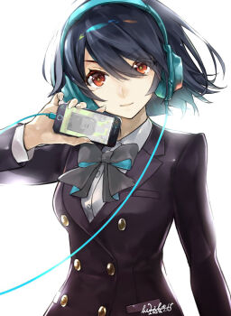 1girl alice_(sinoalice) black_hair blazer bow bowtie cable cellphone dated detexted dress_shirt hair_between_eyes hand_up headphones highres himiko_(326ontheweb) holding holding_phone jacket phone reality_arc_(sinoalice) red_eyes shirt short_hair signature simple_background sinoalice smartphone smile solo third-party_edit tombstone user_interface white_background