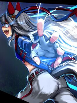 Rule 34 | 1girl, animal ears, blue eyes, blue jacket, blue sports bra, commentary request, crop top, electricity, fingerless gloves, flaming eye, foreshortening, from side, gloves, grey hair, grey tail, gumakara, horse ears, horse girl, horse tail, jacket, long hair, midriff, open mouth, outstretched arm, pants, solo, sports bra, tail, tamamo cross (umamusume), tamamo cross (with lightning speed) (umamusume), umamusume, very long hair, white gloves, white pants