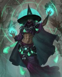 Rule 34 | 1girl, abs, absurdres, armor, breasts, caio santos, colored skin, dark skin, glowing, glowing eyes, hades (series), hades 2, hat, hecate (hades), highres, hood, magic, mask, mouth mask, muscular, navel, shoulder armor, tagme, toned female, underboob, witch hat