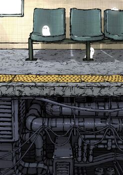 absurdres air_duct bench cable commentary_request concrete ghost highres industrial_pipe kamikairo no_humans original partially_underground_shot sheet_ghost tactile_paving