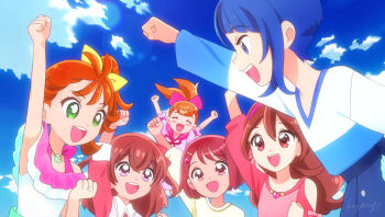 Rule 34 | 6+girls, :d, ^ ^, arm up, arms up, blue eyes, blue hair, blue shirt, blue skirt, blue sky, blush, bow, brooch, brown hair, clenched hand, closed eyes, clothing cutout, commentary request, crossed bangs, day, delicious party precure, green eyes, hair between eyes, hair bow, hanadera nodoka, head tilt, healin' good precure, heart, heart brooch, high side ponytail, hirogaru sky! precure, inukai komugi, jewelry, kimi to idol precure, kyanos (b 0000ff), lens flare, long hair, long sleeves, multiple girls, nagomi yui, natsuumi manatsu, open mouth, outdoors, pink shirt, precure, red eyes, red hair, sakura uta (precure), shirt, shoulder cutout, sidelocks, signature, skirt, sky, sleeveless, sleeveless shirt, smile, sora harewataru, tropical-rouge! precure, two-tone shirt, upper body, white shirt, wonderful precure!, yellow bow, yellow shirt