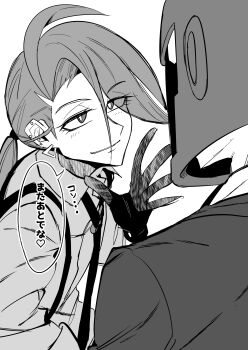 1boy 1girl absurdres artist_self-insert earrings eye_contact gloves green_background grin heart hetero highres jewelry long_hair looking_at_another low_ponytail necktie nintendo original pokemon pokemon_sv ponytail rika_(pokemon) smile suspenders tomboy translation_request uranosaxia