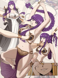 4girls alternate_costume alternate_hairstyle anklet applying_another&#039;s_makeup applying_makeup armpits arms_up assisted_exposure barefoot bdsm black_coat blonde_hair blunt_bangs bondage bound bra bracelet braid braiding_hair breasts chain coat collar cosplay cuffs dancer dress feet femdom fern_(sousou_no_frieren) foot_on_breast hairdressing hand_on_own_cheek hand_on_own_face highres jewelry kusujinn large_breasts leash lipstick long_braid long_hair long_sleeves lying makeup metal_bikini multiple_girls navel on_back open_clothes open_dress parted_lips pelvic_curtain princess_leia princess_leia_(cosplay) pulling_another&#039;s_clothes purple_eyes purple_hair purple_lips serie_(sousou_no_frieren) shackles single_braid slave smirk soles sousou_no_frieren surprised sweatdrop underwear undressing_another very_long_hair white_bra white_dress yuri
