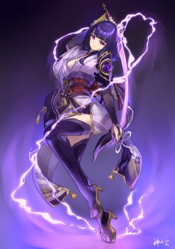 1girl absurdres artist_name back_bow blunt_bangs bow braid breasts bridal_gauntlets cleavage closed_mouth commentary electricity floating full_body genshin_impact glowing glowing_sword glowing_weapon gradient_background hair_ornament head_tilt highres holding holding_sword holding_weapon japanese_clothes kaminosora katana kimono large_breasts lingerie long_braid looking_at_viewer mitsudomoe_(shape) mole mole_under_mouth multicolored_hair musou_isshin_(genshin_impact) neck_ribbon off_shoulder purple_background purple_eyes purple_hair purple_kimono purple_thighhighs raiden_shogun red_ribbon red_sash ribbon sash shade single_braid solo streaked_hair sword thighhighs thighs tomoe_(symbol) underwear weapon wide_sleeves