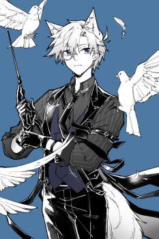 1boy animal animal_ear_fluff animal_ears arknights bird blue_background chinese_commentary closed_mouth collared_shirt commentary_request cowboy_shot feathers gloves hair_between_eyes highres holding holding_wand light_smile long_sleeves male_focus monocle necktie official_alternate_costume pants partially_colored piaoliu_ping_ping_ping_pingzi purple_eyes semi-rimless_eyewear shirt short_hair simple_background solo standing steward_(arknights) steward_(snowstorm_invitation)_(arknights) striped_clothes striped_shirt under-rim_eyewear vertical-striped_clothes vertical-striped_shirt wand