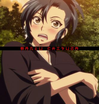 1girl anime_screenshot black_kimono blue_hair blush breasts embarrassed grabbing_own_breast hair_up highres japanese_clothes kimono large_breasts manyuu_chifusa manyuu_hikenchou nervous open_mouth outdoors ponytail solo sunset tomboy upper_body yellow_eyes