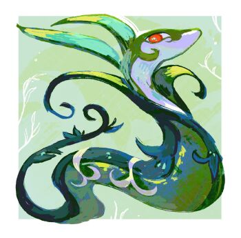 andewitt border commentary from_side full_body gen_5_pokemon highres leaf looking_at_viewer nintendo pokemon pokemon_(creature) pokemon_focus profile red_eyes serperior snake untranslatable_commentary white_border