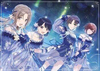 Rule 34 | 4girls, absurdres, asakura toru, bare shoulders, black hair, blue dress, blush, breasts, brown hair, collarbone, dress, fukumaru koito, highres, higuchi madoka, ichikawa hinana, idolmaster, idolmaster shiny colors, jewelry, long hair, long sleeves, looking at viewer, multicolored hair, multiple girls, nail polish, necklace, noctchill (idolmaster), official art, open mouth, red eyes, resized, see-through clothes, stitched, third-party edit, third-party source, upscaled