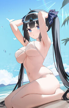 1girl absurdres armpits arms_up azur_lane bare_arms bare_legs barefoot beach bikini black_hair blue_eyes blue_ribbon breasts diving_mask diving_mask_on_head dungeon_ni_deai_wo_motomeru_no_wa_machigatteiru_darou_ka goggles goggles_on_head hair_ribbon hestia_(danmachi) hestia_(godly_vacation!)_(danmachi) highres large_breasts long_hair looking_at_viewer navel o-ring o-ring_bikini o-ring_bikini_bottom o-ring_top official_alternate_costume outdoors ribbon sitting solo stomach swimsuit thighs twintails underboob usagi_(786113654) very_long_hair white_bikini
